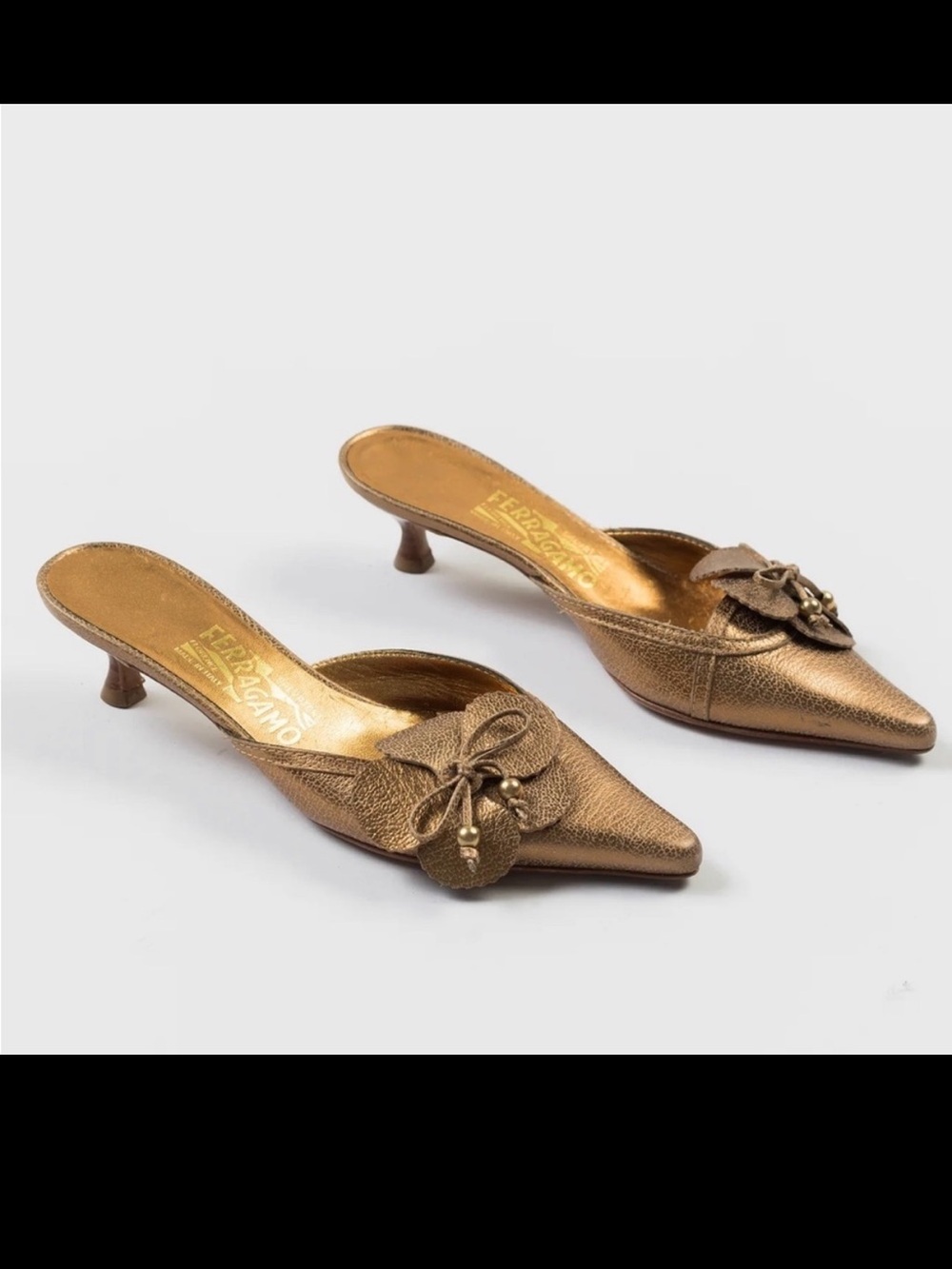 Salvatore Ferragamo Gold Floral Kitten Heel Open Back Heels